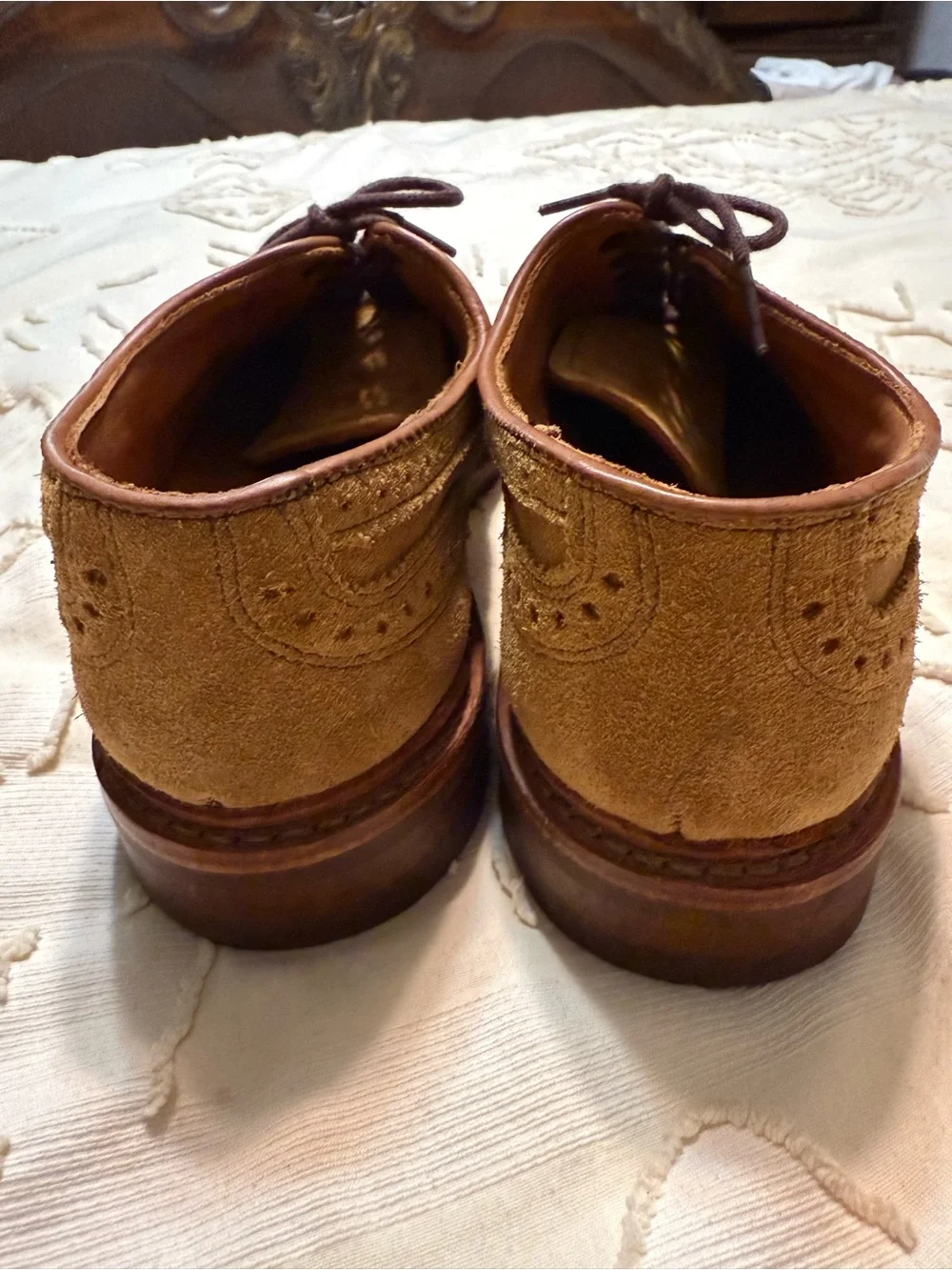 Allen Edmonds Tan Suede Wingtip Derbys with Brown Laces